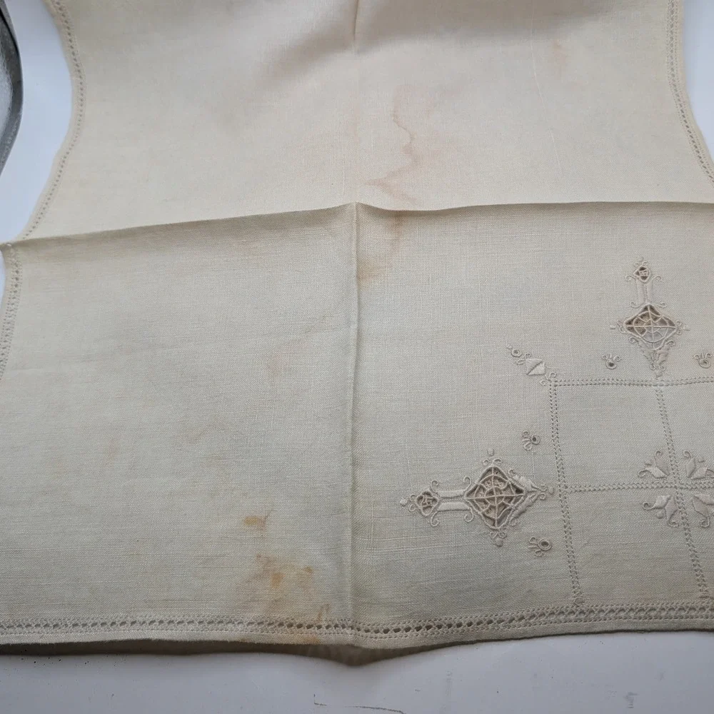 Vtg Set 12 Napkins Beige Linen Embroidered Lace Victorian 16